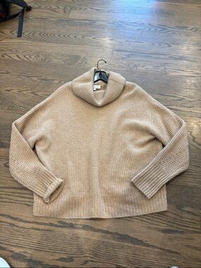 White + Warren Camel Ribbed Cowl Neck Sweater